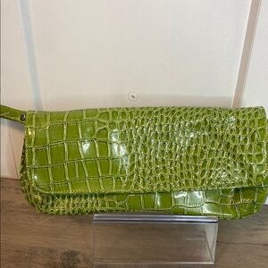 Green Faux Crocodile Embossed Clutch - East West - Shoulder strap conversion